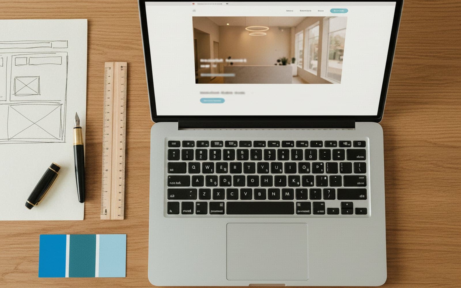 Banco di lavoro · sketch a matita della struttura, laptop con l'anteprima del sito di uno studio dentistico e tre swatch di colore celeste.