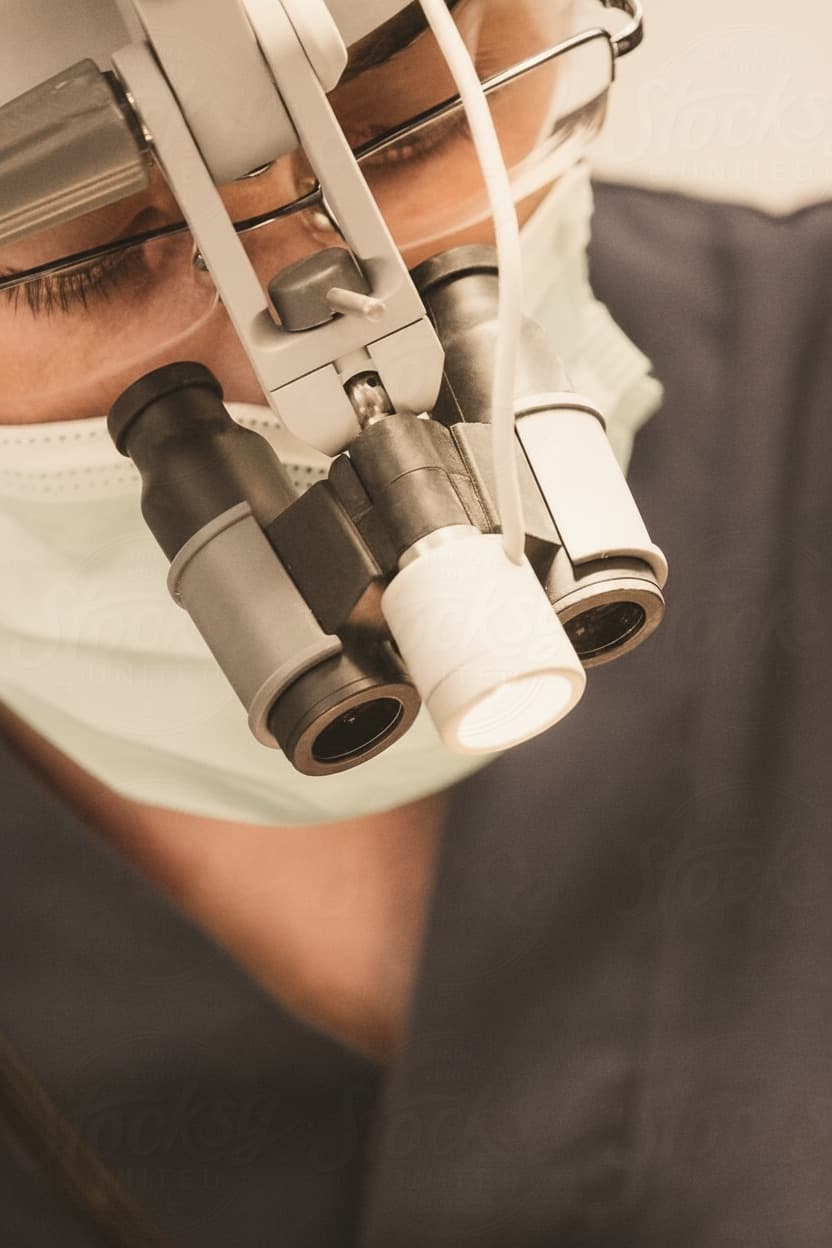 Primo piano di un odontoiatra con loupe chirurgiche durante un trattamento