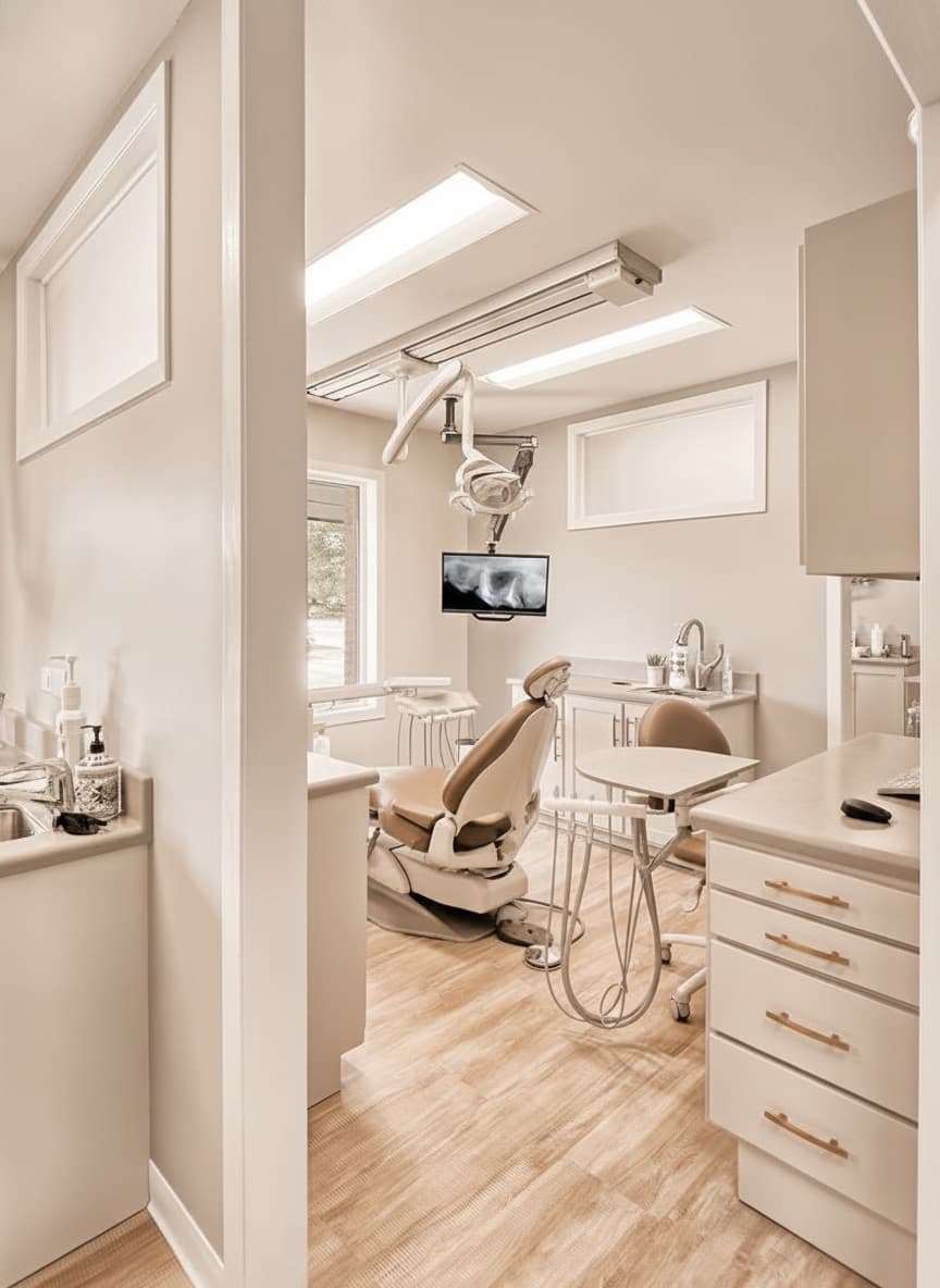 Sala operativa di uno studio dentistico, riunito e arredi in tono caldo